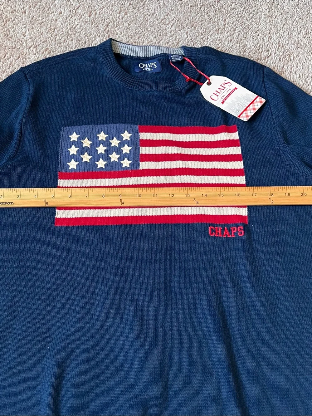 Chaps Navy Crewneck Sweater American Flag Large 100% Cotton NWT